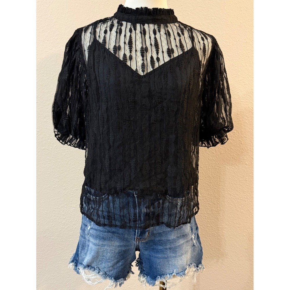 Haute Monde Sheer Black Lace Mock Neck Puff Sleeve Blouse Large Gothic Romantic